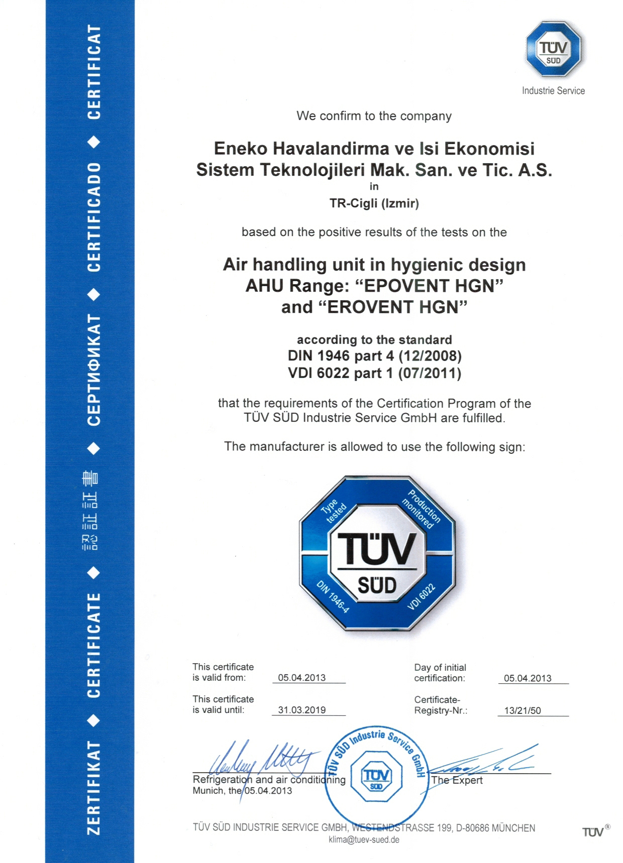 EPOVENT ve EROVENT serisi cihazlarımız için TÜV SÜD hijyen sertifikası alınmıştır.